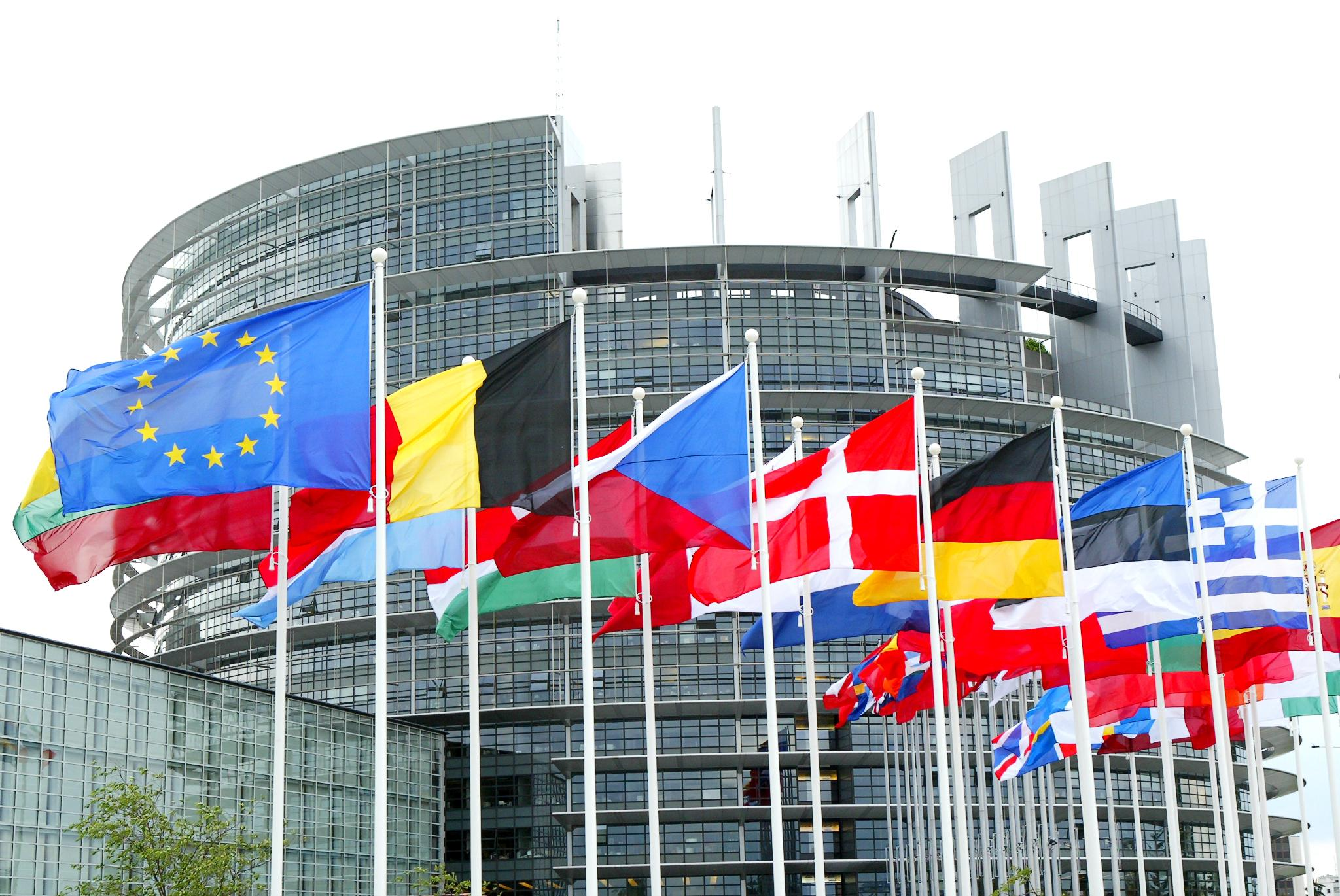Bandiere europee davanti a un edificio istituzionale, immagine illustrativa del contesto dell’Unione europea